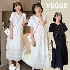 批发有货 2026夏季孕妈韩版气质复古设计显瘦套头短袖圆领下摆蛋糕裙