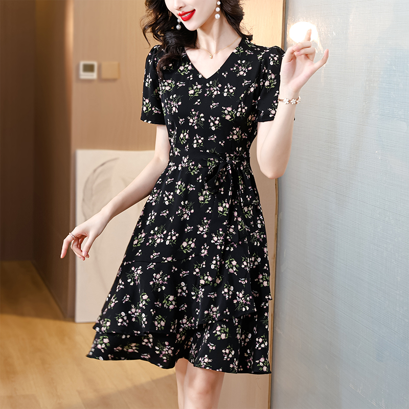 MY2855#新款黑色碎花裙高级感气质法式雪纺收腰显瘦v领连衣裙女女裝貨源服裝批發