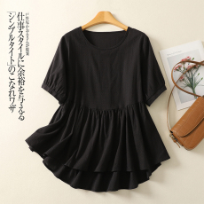 批发实拍<b class='q'>加大</b>码文艺短袖上衣女洋气时尚夏季胖宽松提花小衫中长款T恤