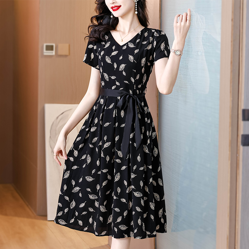 MY2846#新款高织高密乔其丝冰丝垂感亲肤腰带减龄显瘦短袖连衣裙女裝貨源服裝批發