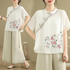 批发实拍夏季文艺宽松绣花新中式刺绣高档套装阔腿裤舞蹈练功服女