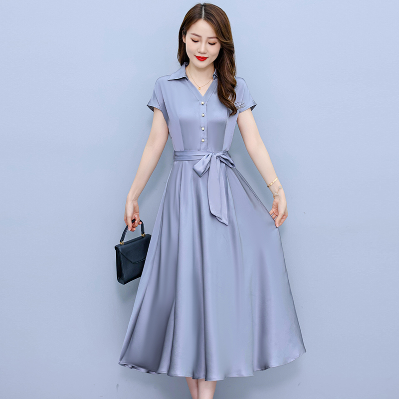 RY2527# 实拍醋酸缎面短袖连衣裙气质显瘦2026夏季洋气遮肚纯色女装