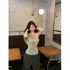 批发实价实拍 新款荡领斜肩设计感两穿T恤女小众修身<b class='q'>百搭</b>显瘦