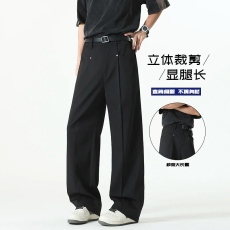 批发黑色垂感阔腿西裤男款<b class='q'>春</b>季cleanfit穿搭弯刀休闲裤铆钉压褶直筒裤
