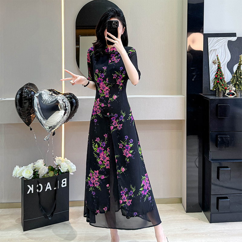 MY2022# 新中式国风连衣裙女 新款高级感气质时尚显瘦碎花雪纺长裙女裝貨源服裝批發