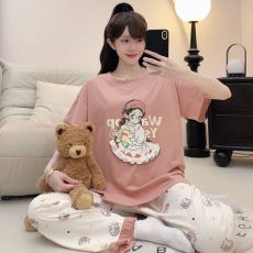 批发纯棉拉架睡衣女春夏休闲卡通短袖长裤加肥大码220斤家居服可外穿