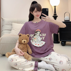 批发纯棉拉架睡衣女春夏休闲卡通短袖长裤加肥大码220斤家居服可外穿