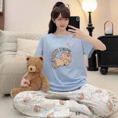 批发纯棉拉架睡衣女春夏休闲卡通短袖长裤加肥大码220斤家居服可外穿