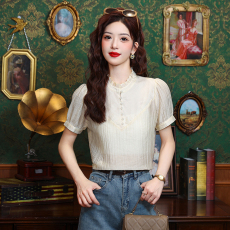 批发实拍中国风女装2026新款立领短袖女夏款遮肚子<b class='q'>雪纺衫</b>泡泡袖上衣