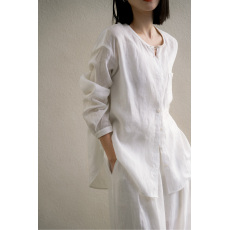 批发笑涵阁い25年春季 <b class='q'>自由</b><b class='q'>呼吸</b>感亚麻宽松圆领小白衬衫女