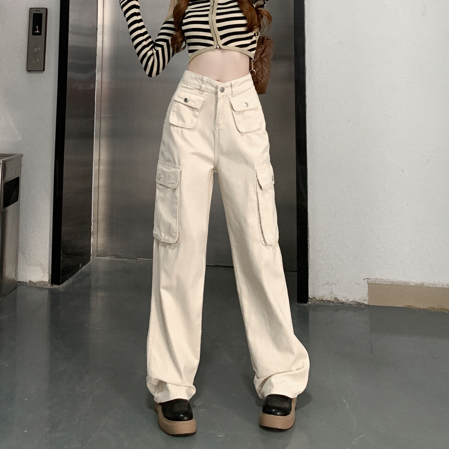 MY14606# 美式工装裤女春季新款直筒宽松阔腿高腰显瘦休闲牛仔裤女裝貨...