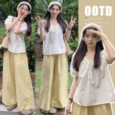 批发新款圆领短袖衬衫+奶黄色托腹<b class='q'>休闲</b>裤孕妇套装