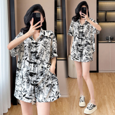 批发实拍新中式水墨印花国风套<b class='q'>装</b>新款夏季小个子衬衫上衣短<b class='q'>裤</b>两件套