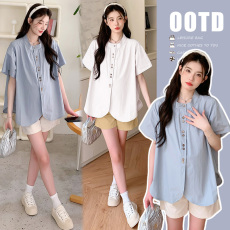 批发实拍 夏季新款小立领气质多排扣宽松衬衫+<b class='q'>百搭</b>短裤