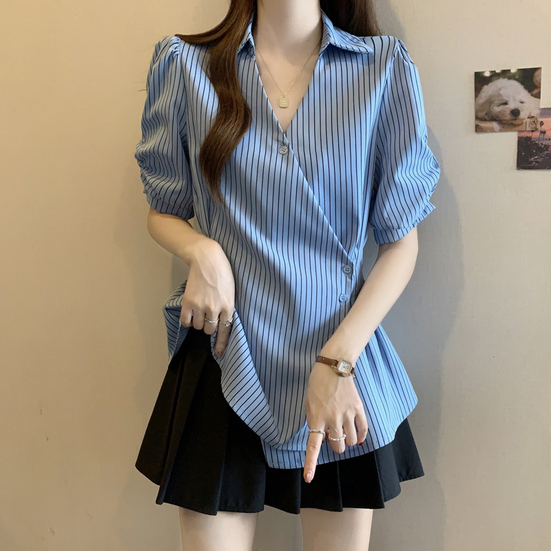 RY6044# 独特别致Polo领开衫上衣大码女装夏季法式胖mm百搭显瘦泡泡袖衬衫