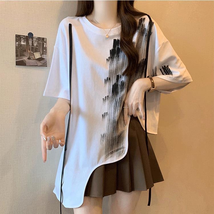 FA35904# 大码波浪边水墨印花短袖t恤女夏季新款宽松遮肉显瘦胖mm上衣 服裝批發女裝批發服飾貨源
