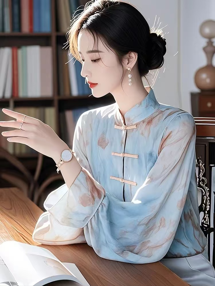MY16386# 新款新中式国风蓝色晕染雪纺衬衫盘扣衬衣上衣女裝貨源服裝批...