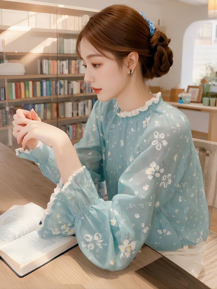 MY16388# 新款蓝色碎花衬衫女减龄洋气法式气质上衣小衫女裝貨源服裝批...