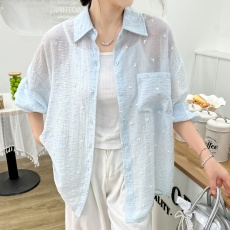 批发实拍韩版夏季提花衬衫原宿风休闲设计感宽松薄款<b class='q'>防晒</b>衣外套女衬衣