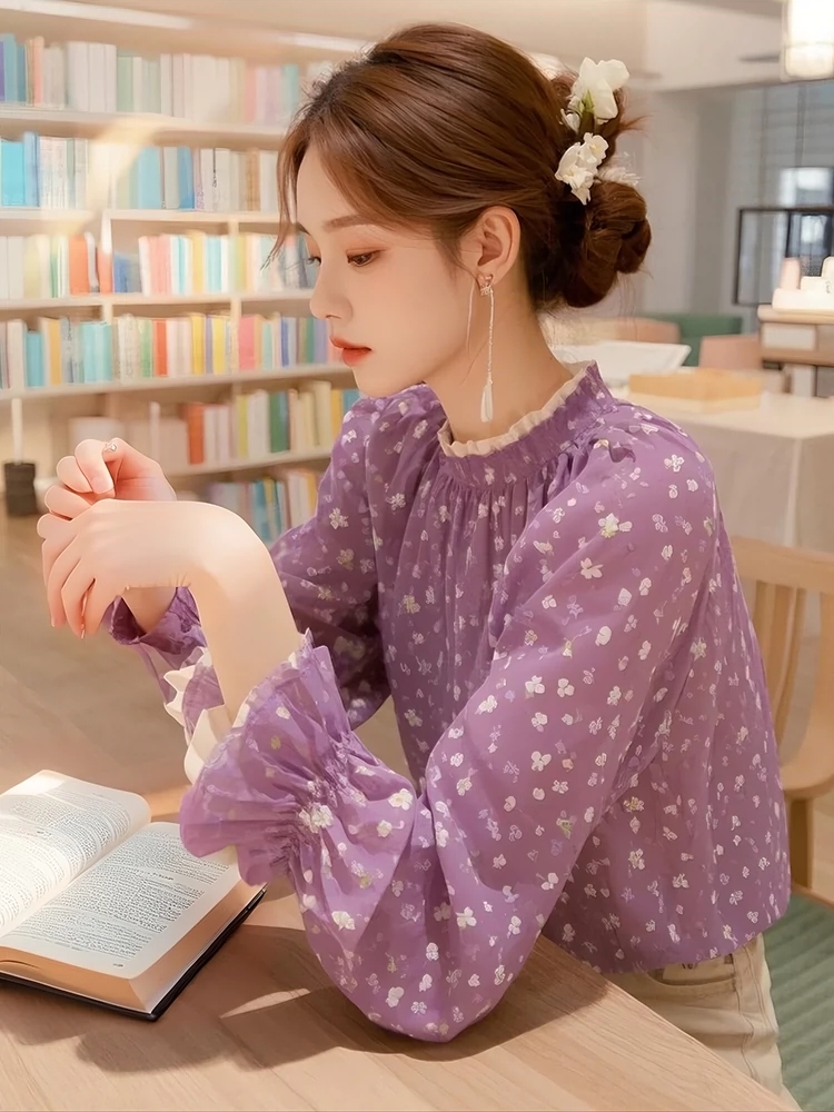 MY16385# 新款紫色碎花衬衫小众穿搭气质法式上衣小衫女裝貨源服裝批發