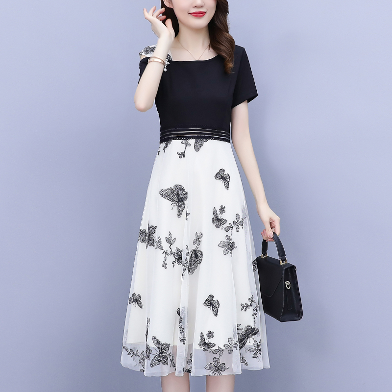 RY1580# 大码女装2026夏季韩版胖mm网纱拼接显瘦露肩洋气刺绣时尚连衣裙女
