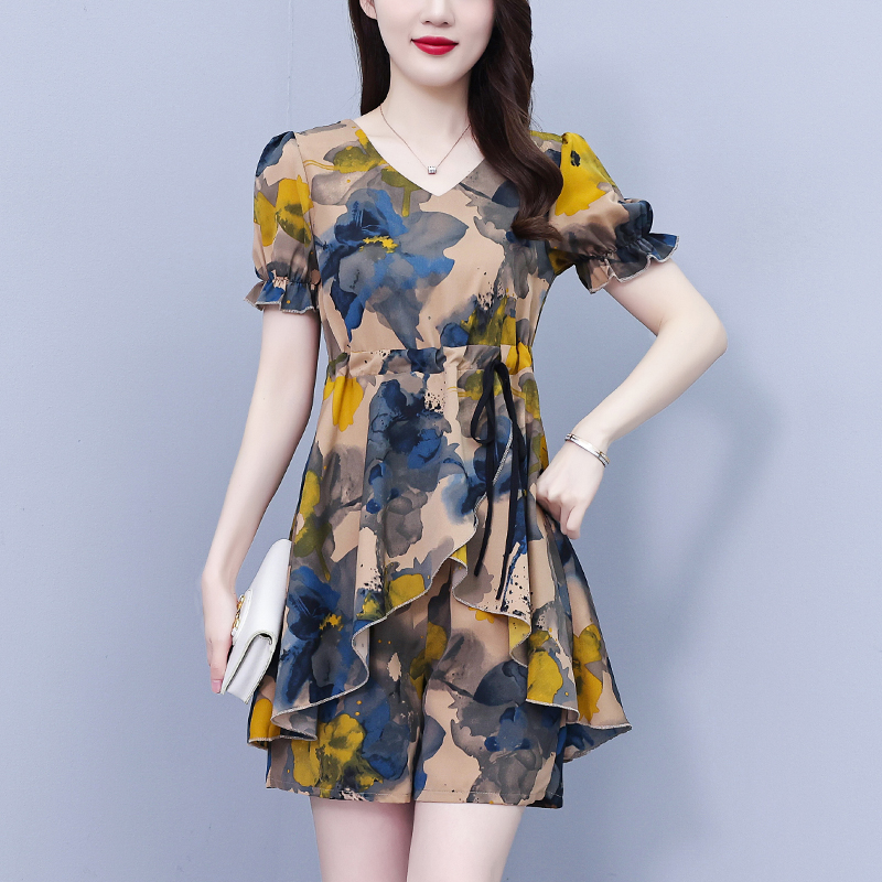 RY9453# 大码女装2025夏季V领洋气印花显瘦时尚减龄上衣＋短裤两件...