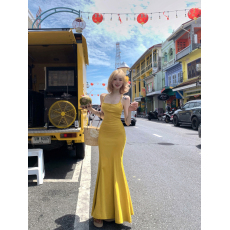 批发实拍实价 黄色收腰针织<b class='q'>吊带</b>连衣裙女辣妹包臀<b class='q'>长裙</b>
