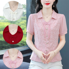 批发实拍百搭上衣新中式提花盘扣雪纺短袖女士漂亮衬衫时尚<b class='q'>妈妈装</b>