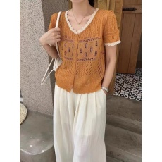 批发镂空针织短袖漂亮t恤女夏装<b class='q'>薄</b>款开衫短款v领上衣减龄洋气甜美小衫