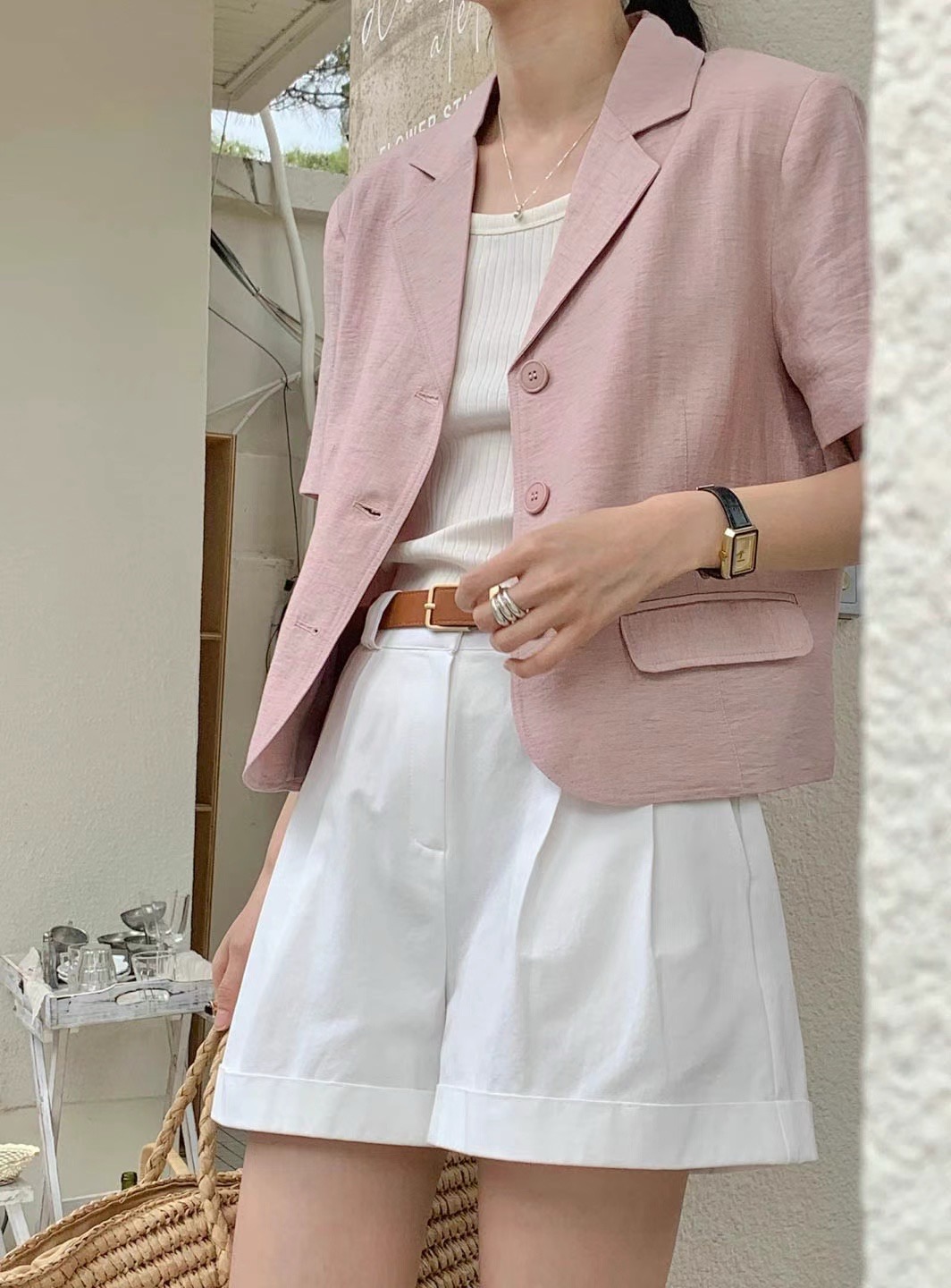 한 부서 chic 달콤함 품격 폴로 칼라 단일 행 3 캡슐 버클 루즈핏 캐주얼 다용도 반팔 정장 여성 코트