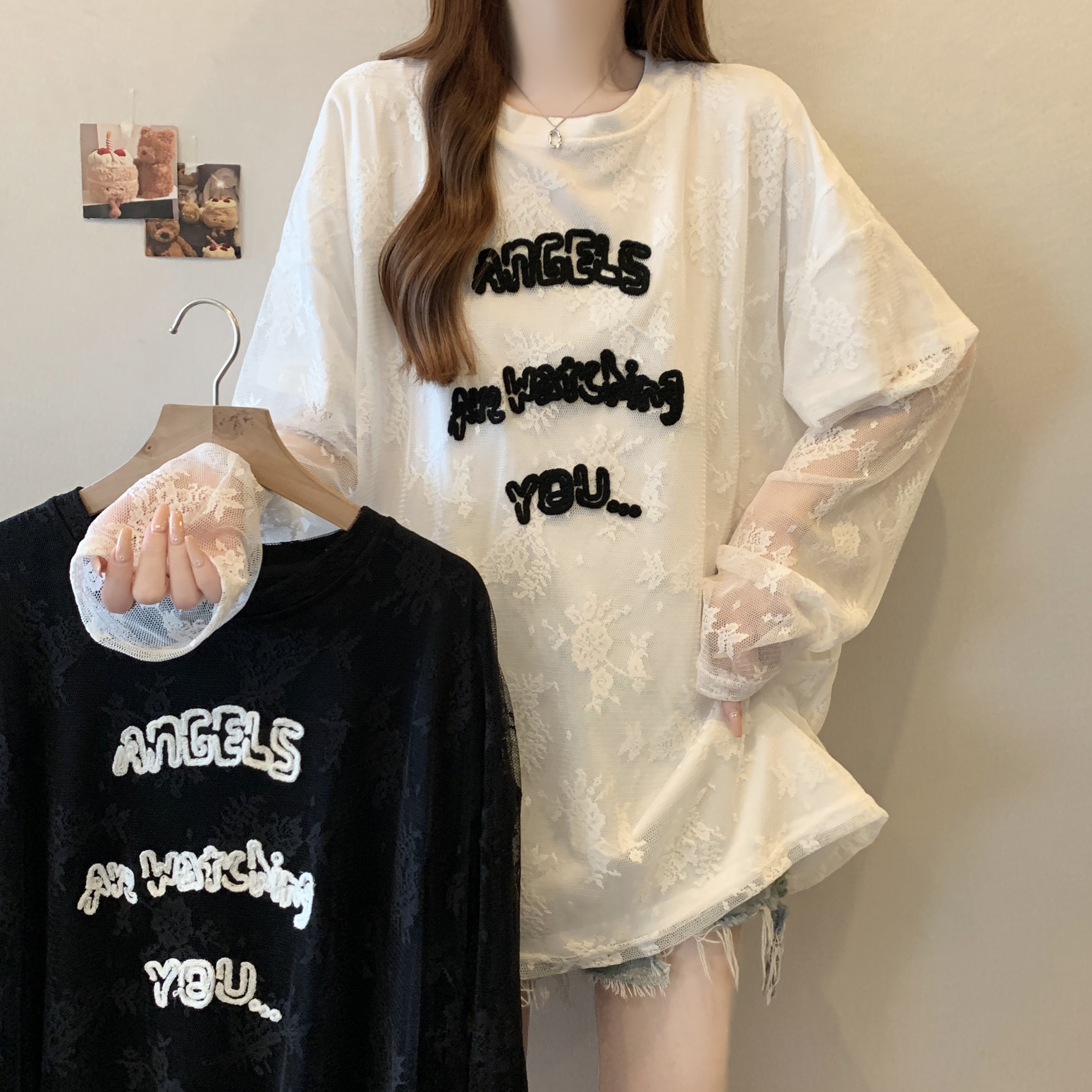 실사 빅 사이즈 지방 mm 루즈핏 라운드 넥 레이스 조각 페이크 레이어드 다용도 긴팔 티셔츠 반팔 맨위