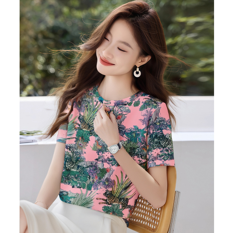 FA28862# 欧货夏季复古印花网纱冰丝短袖t恤女修身洋气百搭别致打底上衣 服裝批發女裝批發服飾貨源