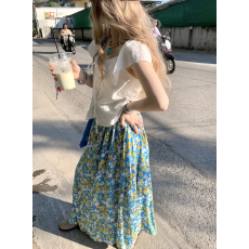 批发微胖百搭甜美小清新<b class='q'>白色</b>短袖上衣田园风花色大裙摆碎花长款半身裙