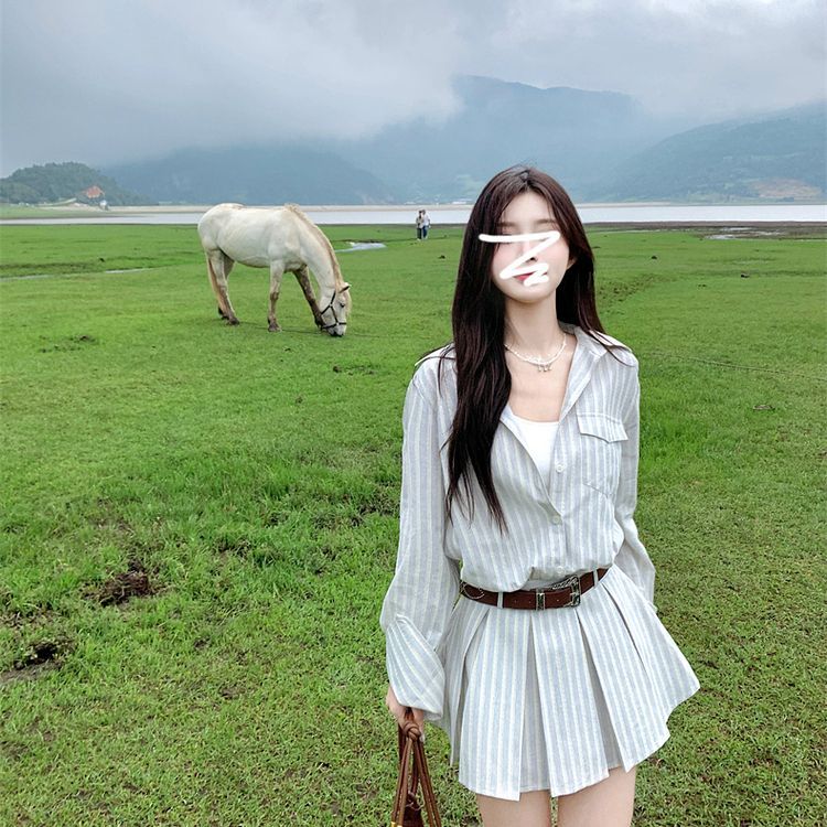 MY16639# 长袖条纹衬衫连衣裙子女装夏季新款高级感度假短裙搭配一整套...