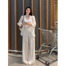 批发实拍实价~宽松百搭<b class='q'>韩版</b>慵懒衬衫外套女+直筒高腰阔腿休闲裤套装