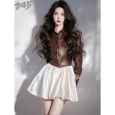 批发拼接皮衣<b class='q'>连衣裙</b>女春秋季<b class='q'>大码</b>胖mm收腰韩系气质高级氛围感短款裙子