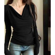 批发辣妹性感荡领一字肩长袖T恤女装早<b class='q'>秋</b>收腰显瘦褶皱针织打底衫上衣