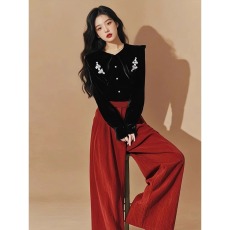 批发春季高级好看套装女秋<b class='q'>大码</b>胖mm丝绒上衣阔腿裤减龄独特两件套