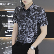 批发夏季新款男士数码短袖衬衫韩版修身潮流休闲商务青年免烫抗皱衬衣