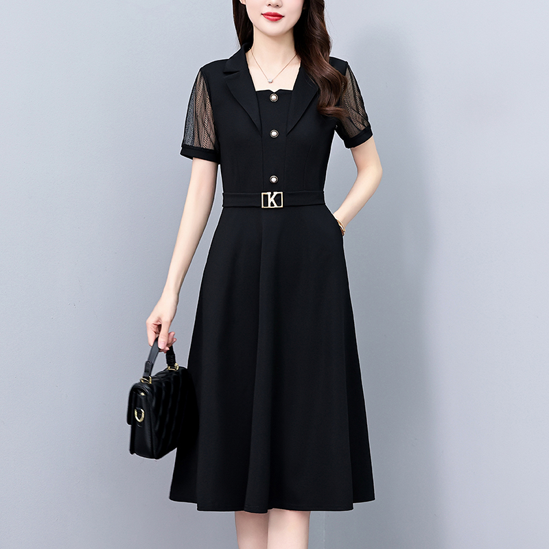 직장 기질 슬림 피트 중간 및 긴 섹션 큰 사이즈 여성 의류 지방 mm 블랙 슬림 레이스 짧은 소매 드레스 여름 새로운