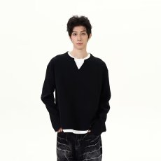 批发无<b class='q'>品牌</b>宽松型气质黑色V领假两件卫衣男春秋款内搭潮流ins慵懒长袖