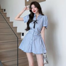批发学院风套装收腰显瘦裙子条纹<b class='q'>衬衫</b><b class='q'>连衣裙</b>女夏季高腰短裤时尚两件套