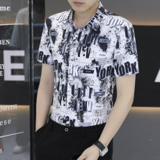 批发夏季新款男士数码短袖衬衫韩版修身潮流休闲商务青年免烫抗皱衬衣