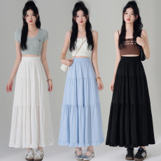 批发白色蛋糕裙女夏季2026新款高腰a字<b class='q'>中长款</b>荷叶边小个子大摆半身裙