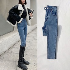 批发牛仔裤女春秋小脚裤高腰双扣紧身修身复古弹力裤毛边九分<b class='q'>铅笔裤</b>子