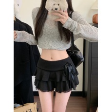 批发实拍~大码女装暗黑少女蕾丝边拼接蝴蝶结半身裙百搭显瘦 a字短裙