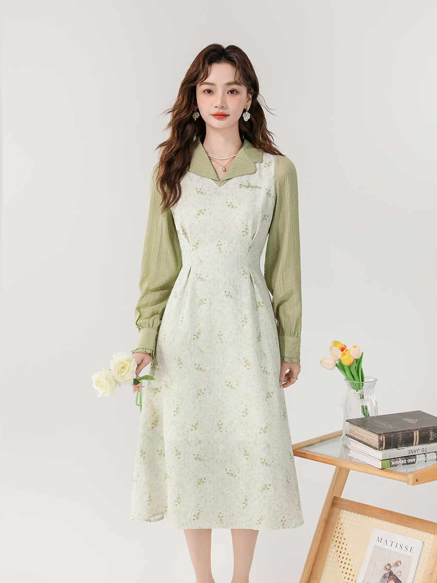 MY5011# 大码女装气质温柔风假两件碎花连衣裙女胖MM新款裙子女裝貨源服裝批發
