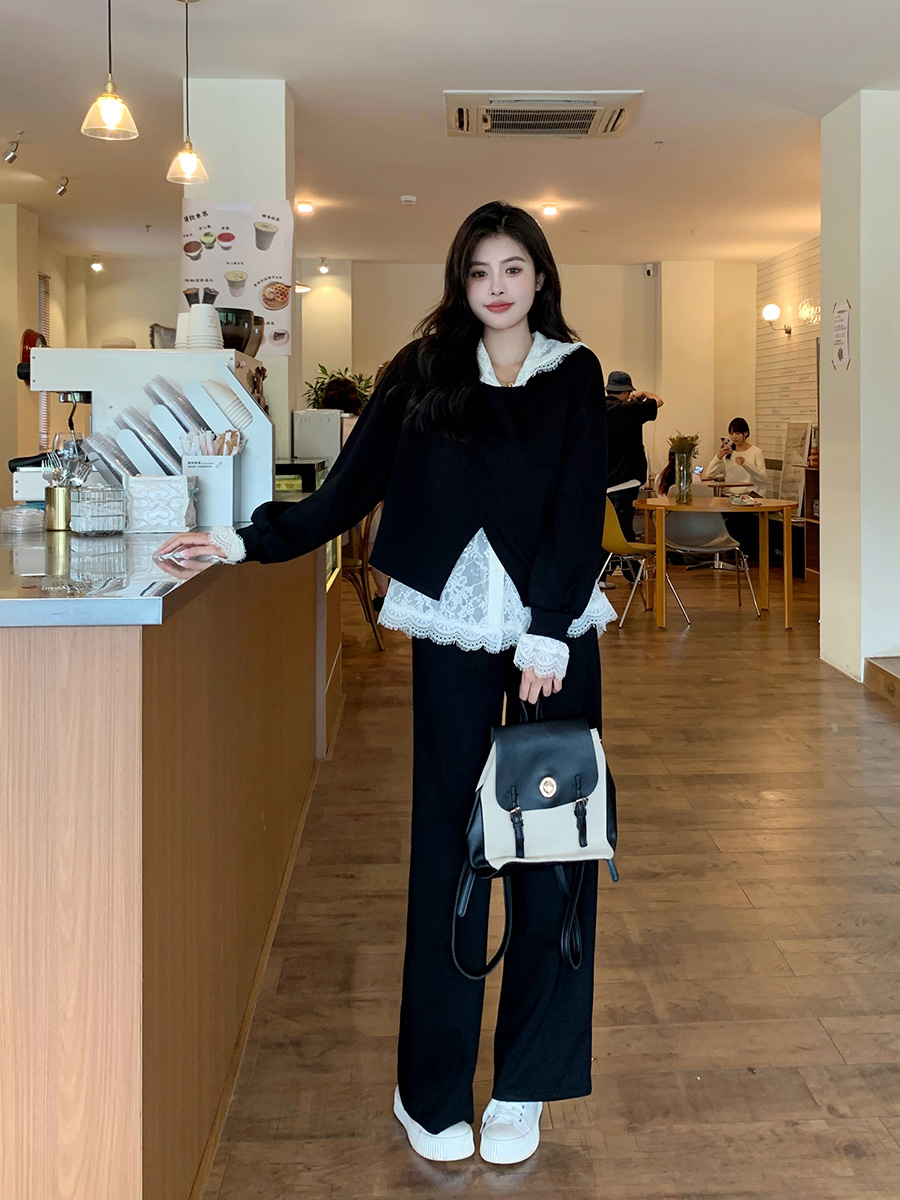 2026 실사 빅 사이즈 숙녀 루즈핏 종류 풀오버 세련된 후드티 레이스 만나는 긴 바지 캐주얼 3종 세트