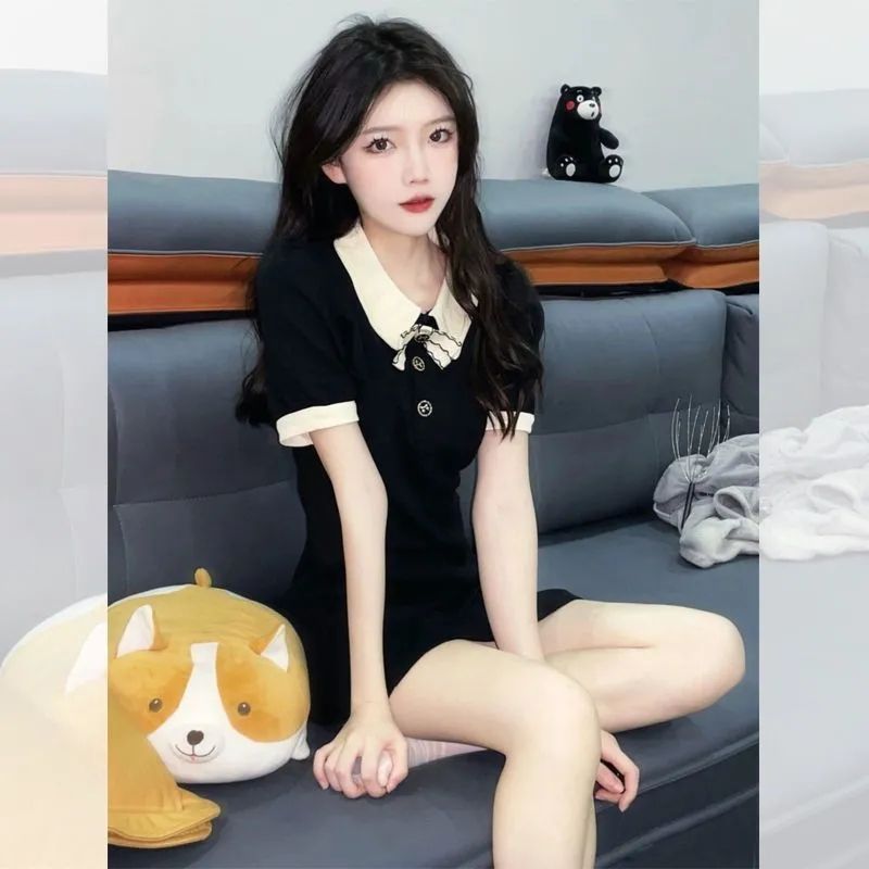 있음 선적 여름 여성 새로운 몸매 가꾸기 슬림해 보이는 A라인 스커트 작은 키 품격 달콤함 POLO 칼라 쇼트 스타일 드레스