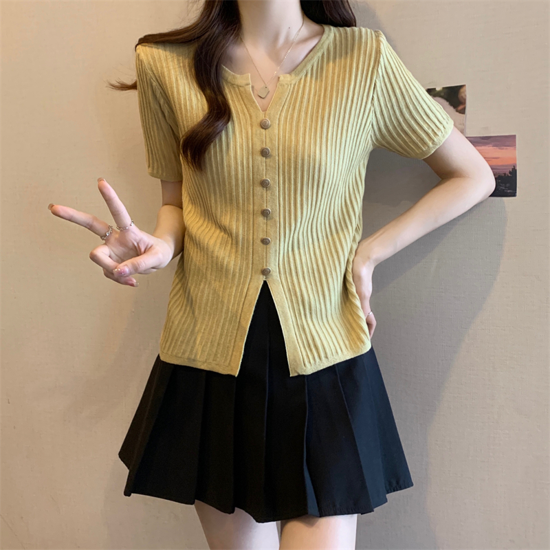 MY2489# 大码女装夏季胖妹妹小香风开叉设计感V领短袖微胖针织上衣女裝貨源服裝批發